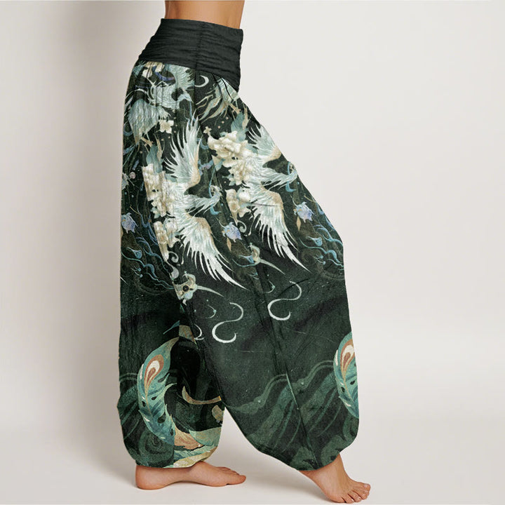 Buddha Stones Harembroek voor dames met elastische Taille en feniksbloemenprint van 100% Cotton - image 7