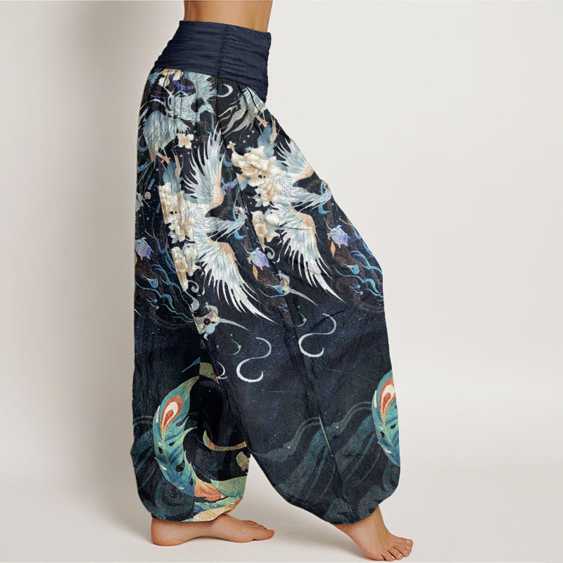 Buddha Stones Harembroek voor dames met elastische Taille en feniksbloemenprint van 100% Cotton - image 2