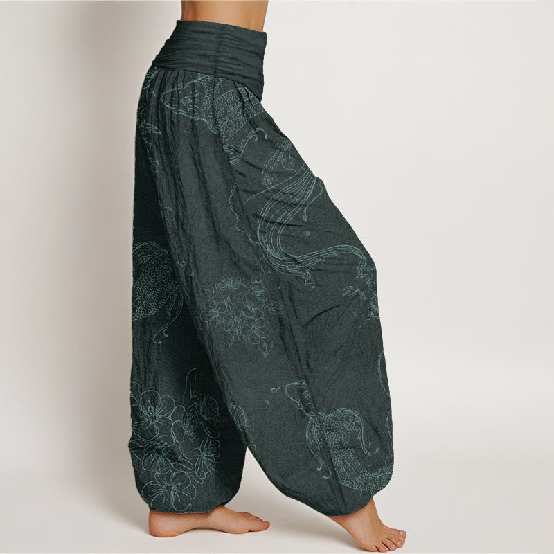 Buddha Stones Harembroek voor dames met elastische Taille, 100% Cotton met een koi-vis bloemenpatroon. - image 10