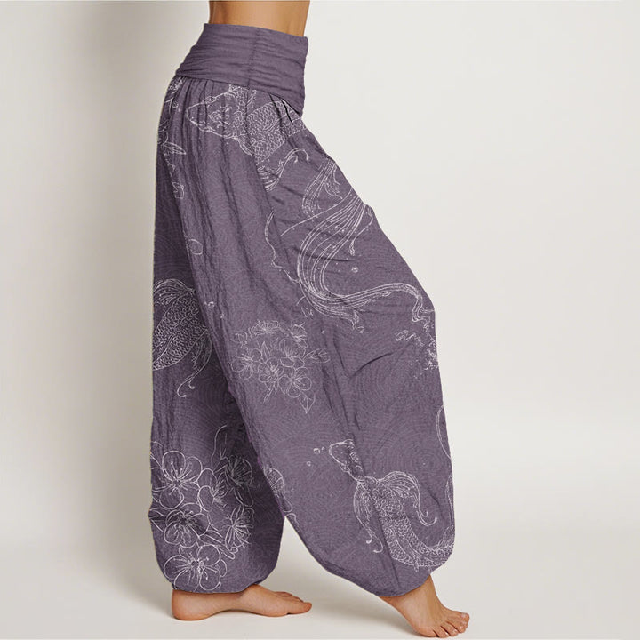 Buddha Stones Harembroek voor dames met elastische Taille, 100% Cotton met een koi-vis bloemenpatroon. - image 7
