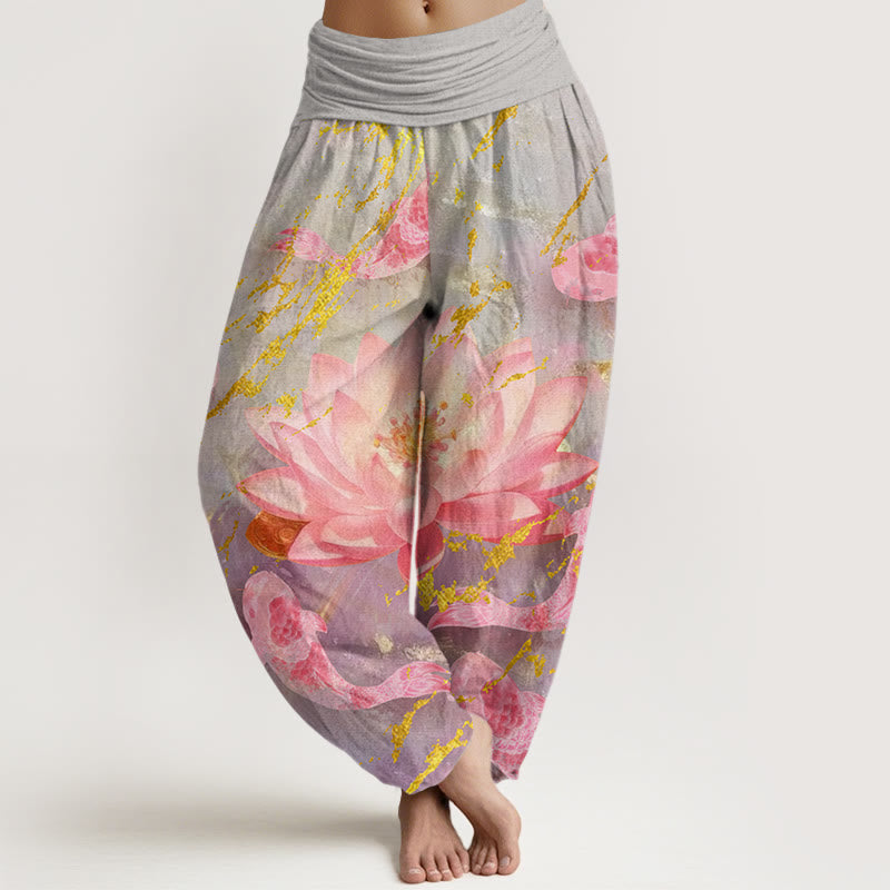 Buddha Stones Katoenen casual harembroek met lotusbloem- en koivispatroon voor dames - Donkergrijs - US22, UK/AU26, EU54 (6XL) - image 0
