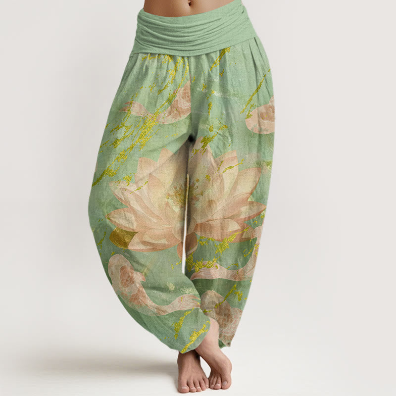 Buddha Stones Katoenen casual harembroek met lotusbloem- en koivispatroon voor dames - Lichtgroen - US22, UK/AU26, EU54 (6XL) - image 4