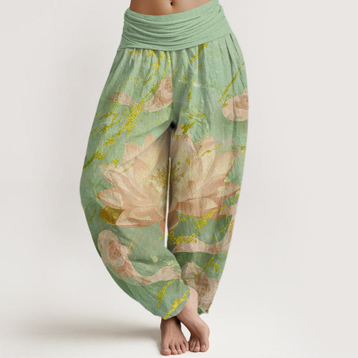Buddha Stones Katoenen casual harembroek met lotusbloem- en koivispatroon voor dames - Lichtgroen - US22, UK/AU26, EU54 (6XL) - image 4