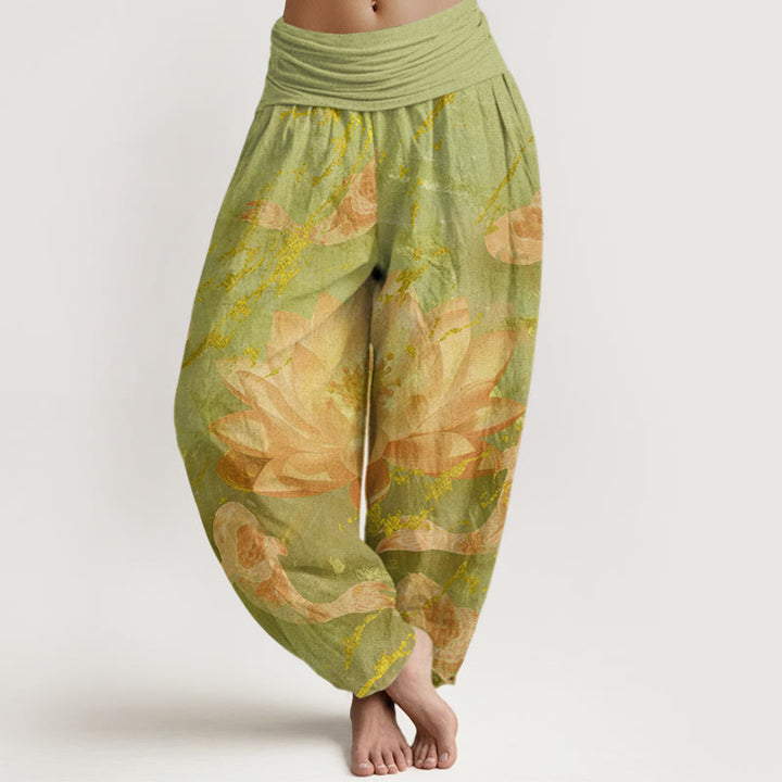 Buddha Stones Katoenen casual harembroek met lotusbloem- en koivispatroon voor dames - Groengeel - US22, UK/AU26, EU54 (6XL) - image 7