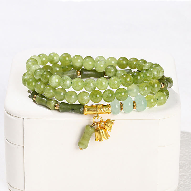 Buddha Stones Retro meerlaagse lelietje-van-de-dalen bamboe groene chalcedoon Armband - image 2