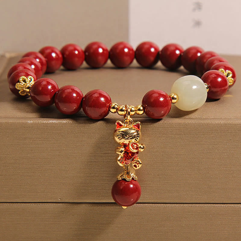 Buddha Stones Natuurlijke gelukskat hanger met cinnaber Armband - Cinnaber (Polsomtrek: 16-18 cm) - image 0