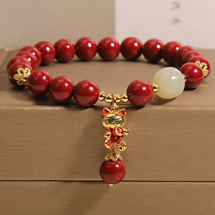 Buddha Stones Natuurlijke gelukskat hanger met cinnaber Armband - Cinnaber (Polsomtrek: 16-18 cm) - image 0