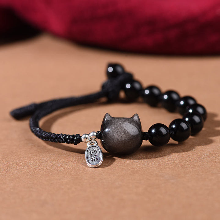 Buddha Stones Zwarte obsidiaan met zilverglans, schattige kat, dansende leeuw, Armband - Kat (Polsomtrek 14-16 cm) - image 0