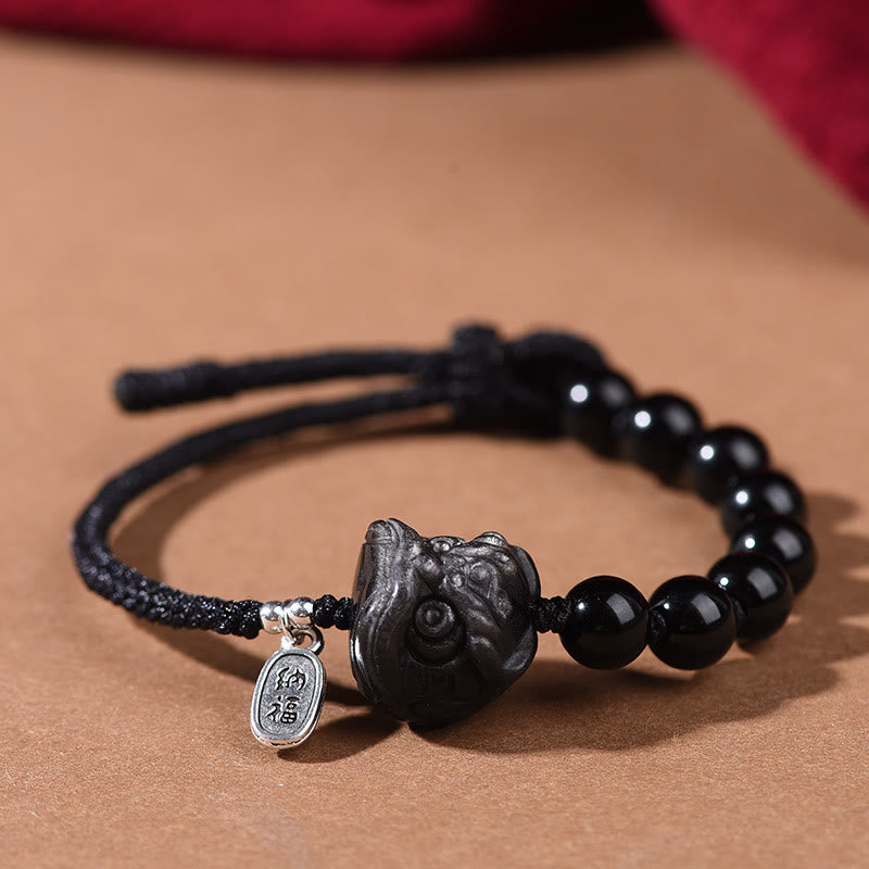 Buddha Stones Zwarte obsidiaan met zilverglans, schattige kat, dansende leeuw, Armband - Dansende leeuw (Polsomtrek 14-16 cm) - image 6