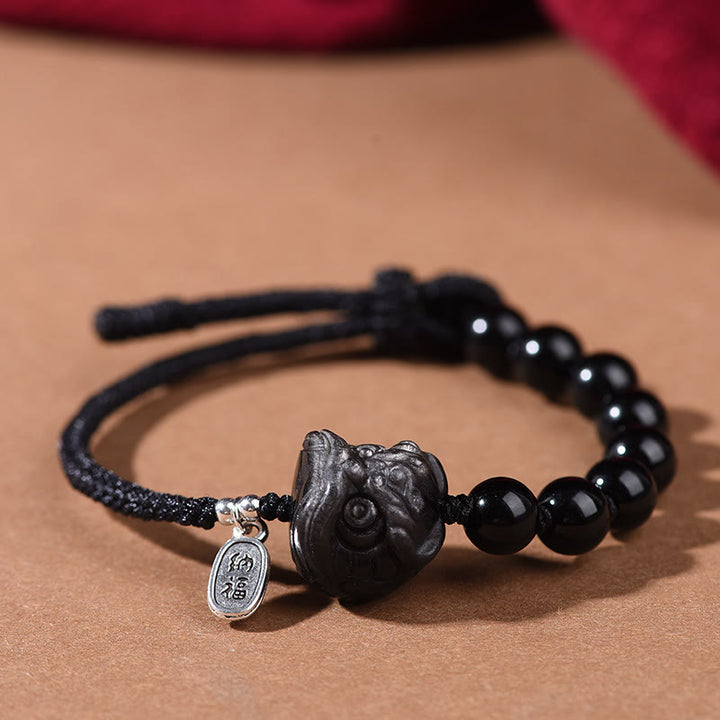 Buddha Stones Zwarte obsidiaan met zilverglans, schattige kat, dansende leeuw, Armband - Dansende leeuw (Polsomtrek 14-16 cm) - image 6