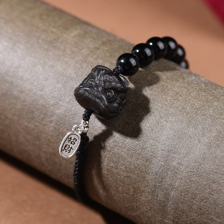 Buddha Stones Zwarte obsidiaan met zilverglans, schattige kat, dansende leeuw, Armband - image 7