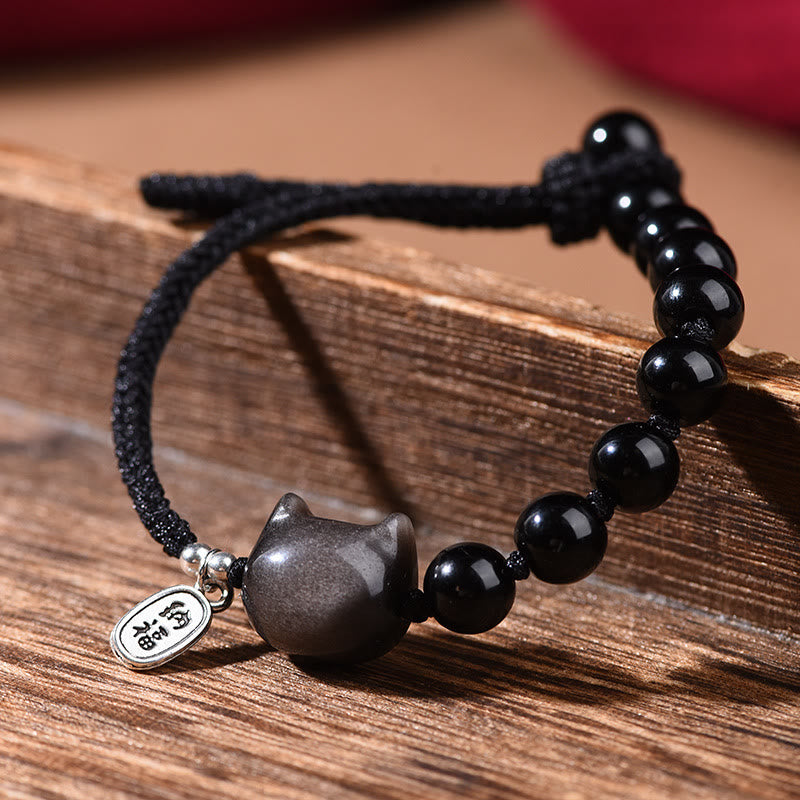 Buddha Stones Zwarte obsidiaan met zilverglans, schattige kat, dansende leeuw, Armband - image 1