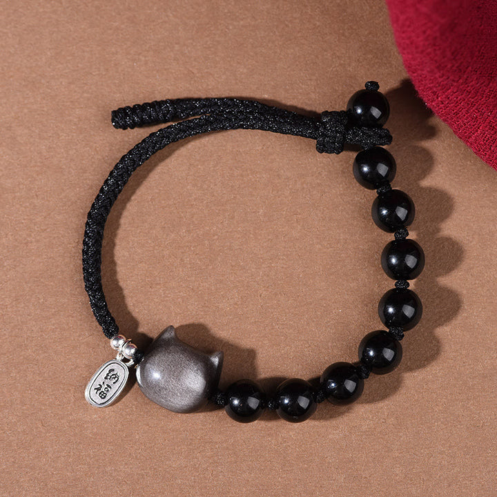 Buddha Stones Zwarte obsidiaan met zilverglans, schattige kat, dansende leeuw, Armband - image 2