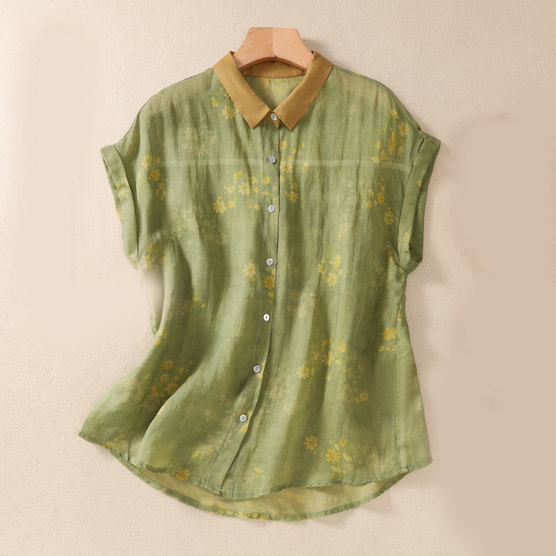 Buddha Stones Damesblouse met kleine gele bloemblaadjes en knoopjes , Korte mouw - Geelgroen - US8-10，UK/AU12-14，EU40-42 (2XL) - image 0