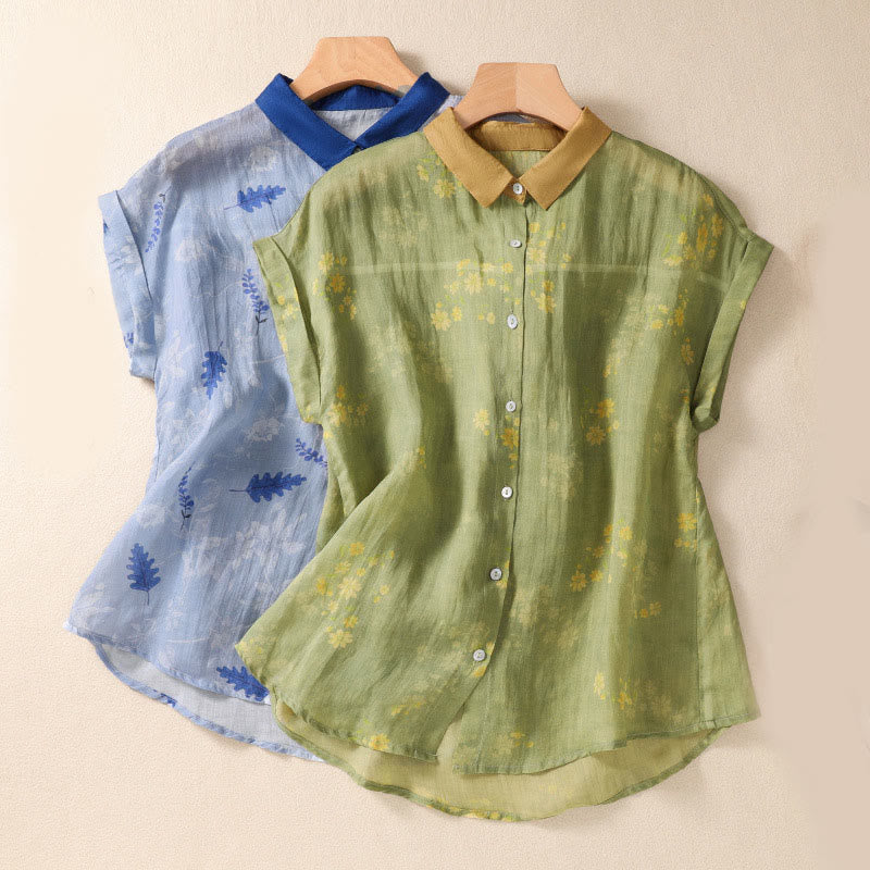 Buddha Stones Damesblouse met kleine gele bloemblaadjes en knoopjes , Korte mouw - image 1