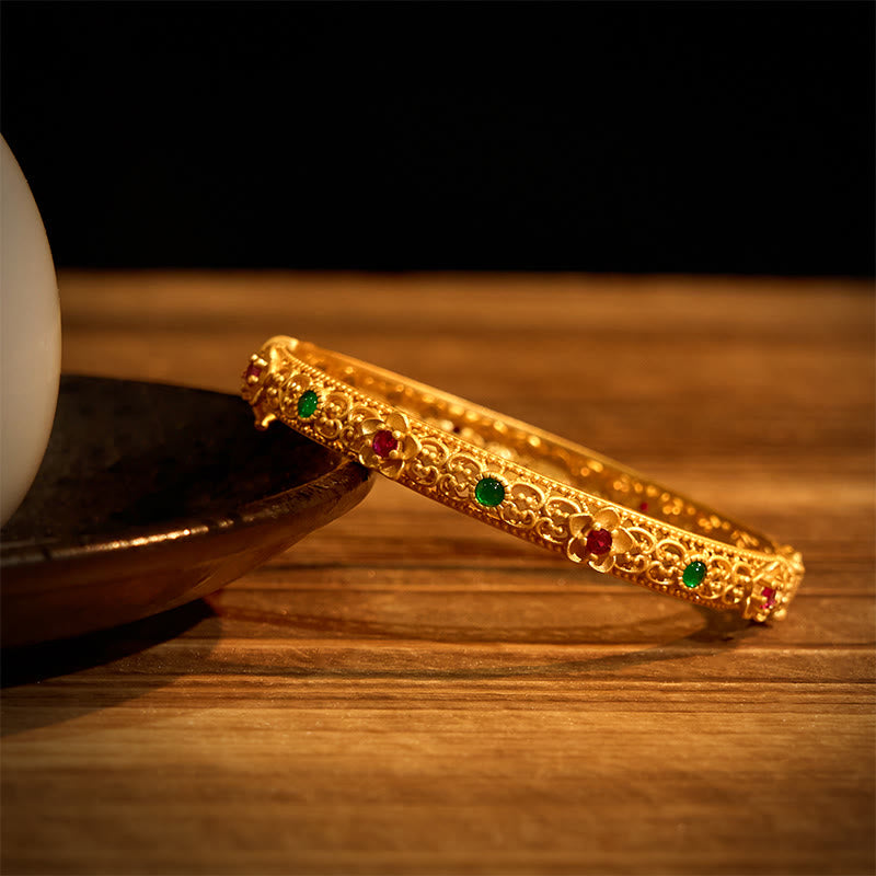 Buddha Stones Holle armband met koperen en gouden bloemmotief, Bangle-armband. - image 1