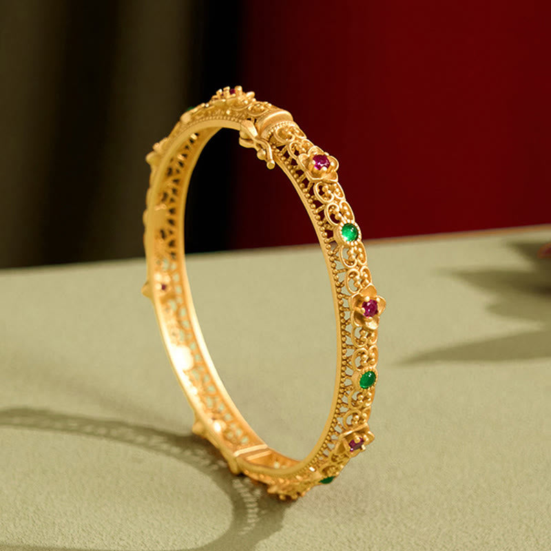 Buddha Stones Holle armband met koperen en gouden bloemmotief, Bangle-armband. - 62 mm - image 0