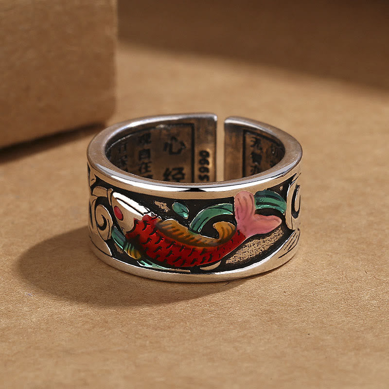Buddha Stones Blauwe emaille Koi Vis Hart Sutra Succes Ring - image 1