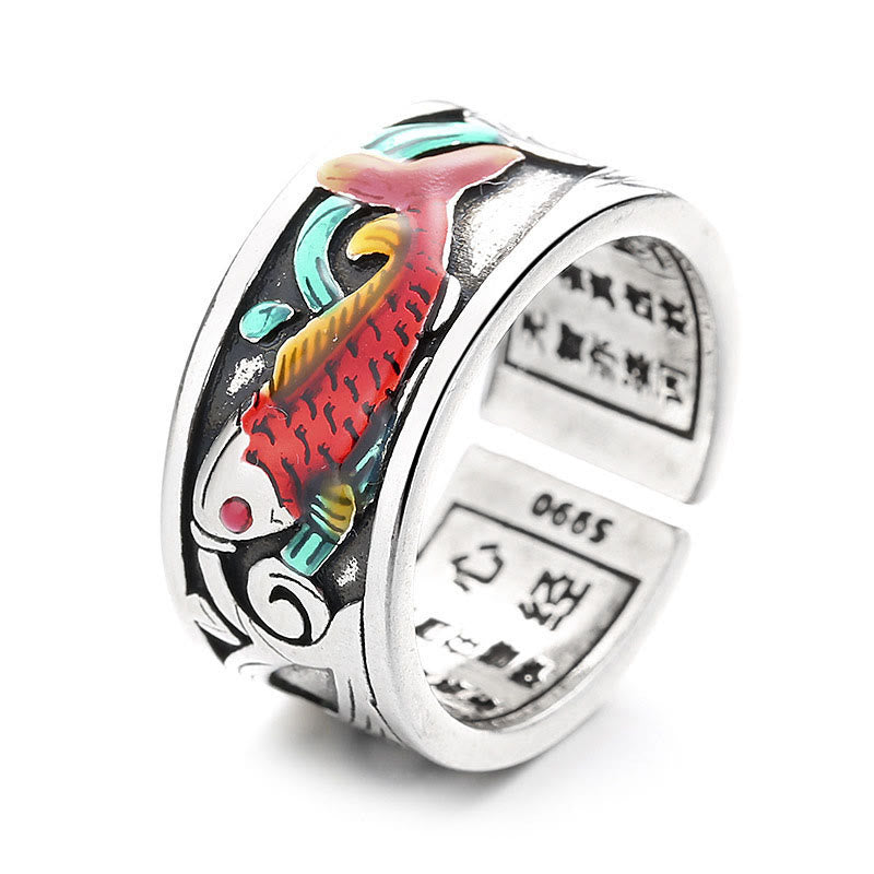Buddha Stones Blauwe emaille Koi Vis Hart Sutra Succes Ring - image 5