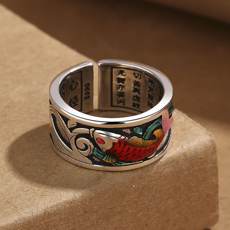 Buddha Stones Blauwe emaille Koi Vis Hart Sutra Succes Ring - image 2
