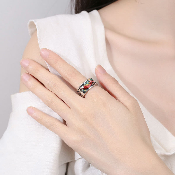 Buddha Stones Blauwe emaille Koi Vis Hart Sutra Succes Ring - image 4