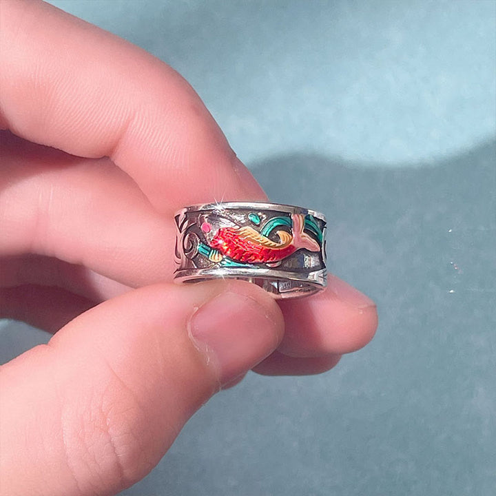 Buddha Stones Blauwe emaille Koi Vis Hart Sutra Succes Ring - image 3
