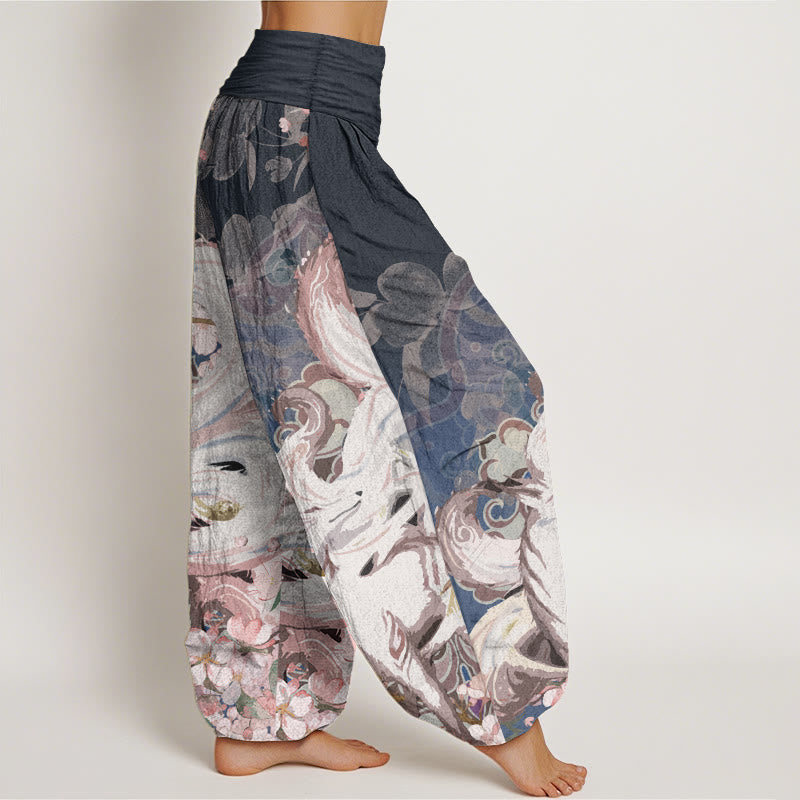 Buddha Stones Harembroek voor dames met elastische Taille van 100% Cotton met kersenbloesemmotief - image 1