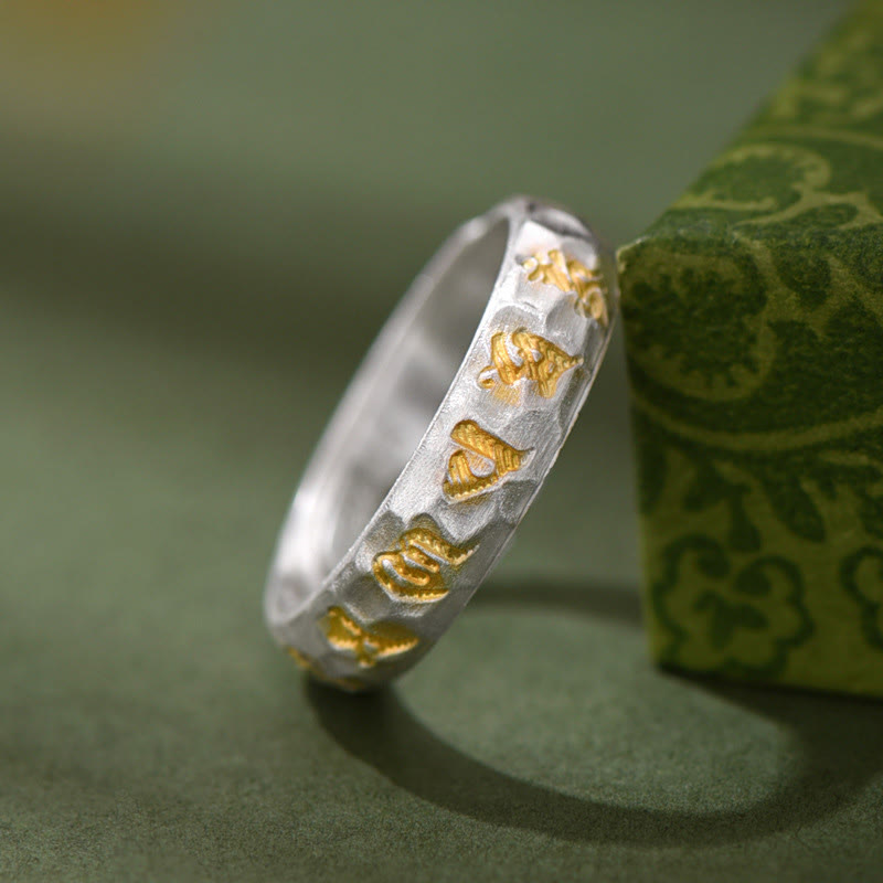 Buddha Stones Ring van 999 sterling zilver met hamerslagpatroon Om Mani Padme Hum Balance - image 1
