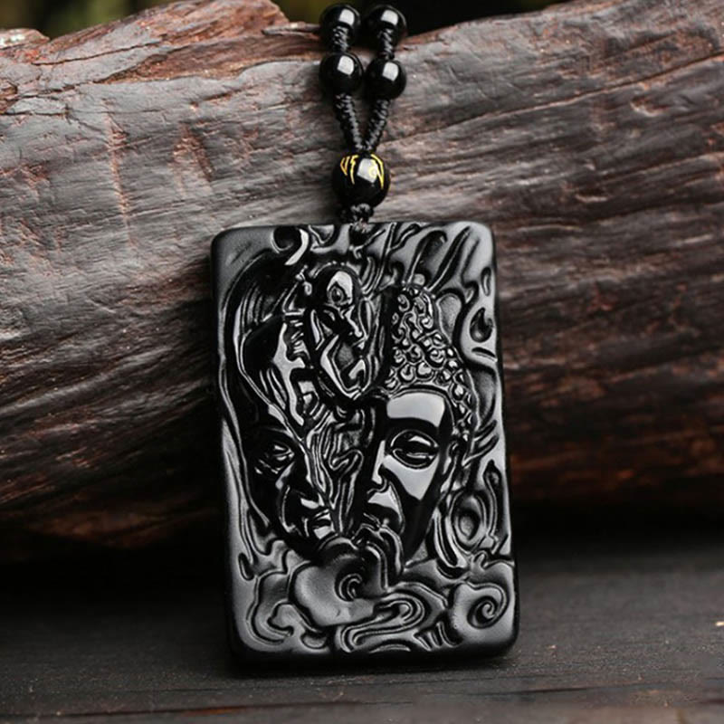 Buddha Stones Natuurlijke zwarte obsidiaan Boeddha- en duivelspatroon Ketting voor kracht. - Boeddha-duivelhanger + kralenketting - image 0