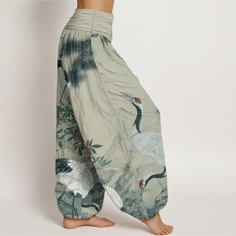 Buddha Stones Casual 100% Cotton met elastische Taille , met rode kraanvogel, dennenboom en bergmotief. - image 7