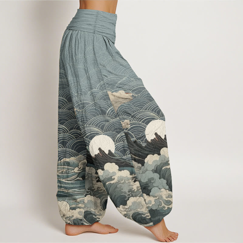Buddha Stones Casual damesharembroek van 100% Cotton met golvend, maan- en bergpatroon en elastische Taille . - image 7