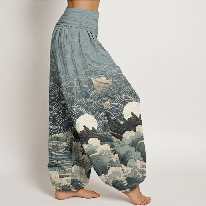 Buddha Stones Casual damesharembroek van 100% Cotton met golvend, maan- en bergpatroon en elastische Taille . - image 7