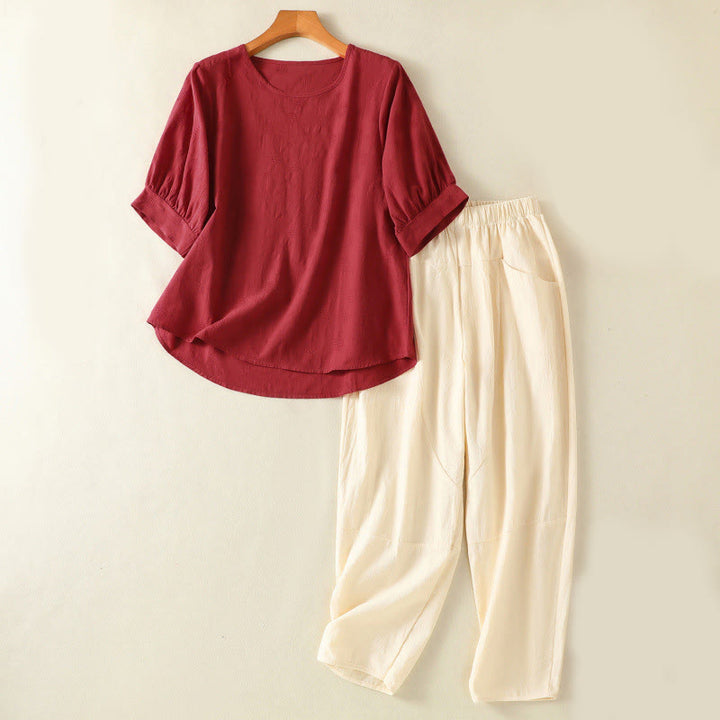 Buddha Stones 2-delige effen damesblouse met Korte mouw, harembroek en meditatiekleding set - Bruin - US8-10，UK/AU12-14，EU40-42 (2XL) - image 23