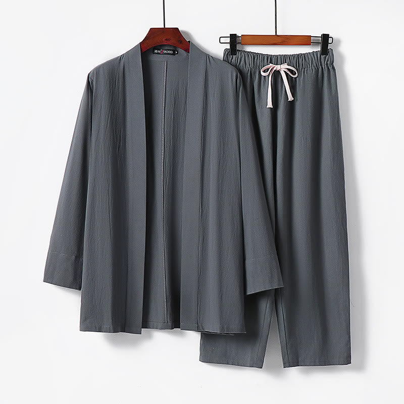 Buddha Stones 2-delige katoenen kimono-set voor heren, enkellange broek, meditatiekleding - Grijs - US/UK/AU54, EU64 (9XL) - image 0