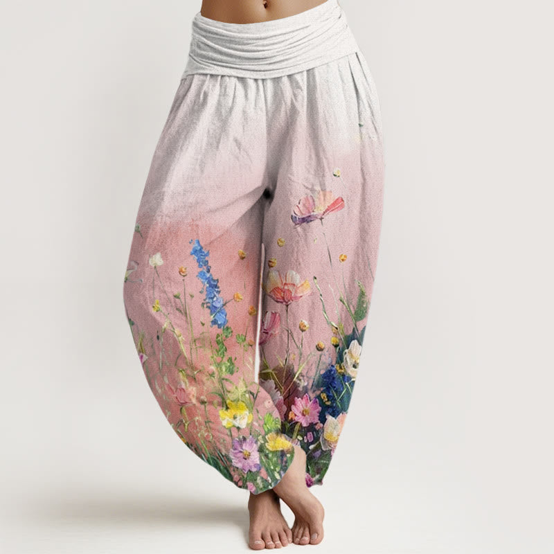 Buddha Stones Casual katoenen harembroek met aquarelprint en bloemenmotief voor dames, elastische Taille - Roze - US22, UK/AU26, EU54 (6XL) - image 0