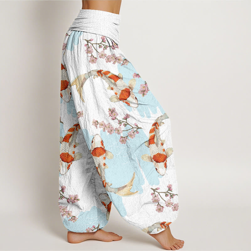 Buddha Stones Katoenen casual harembroek met koivissen- en kersenbloesempatroon voor dames, elastische Taille - image 1