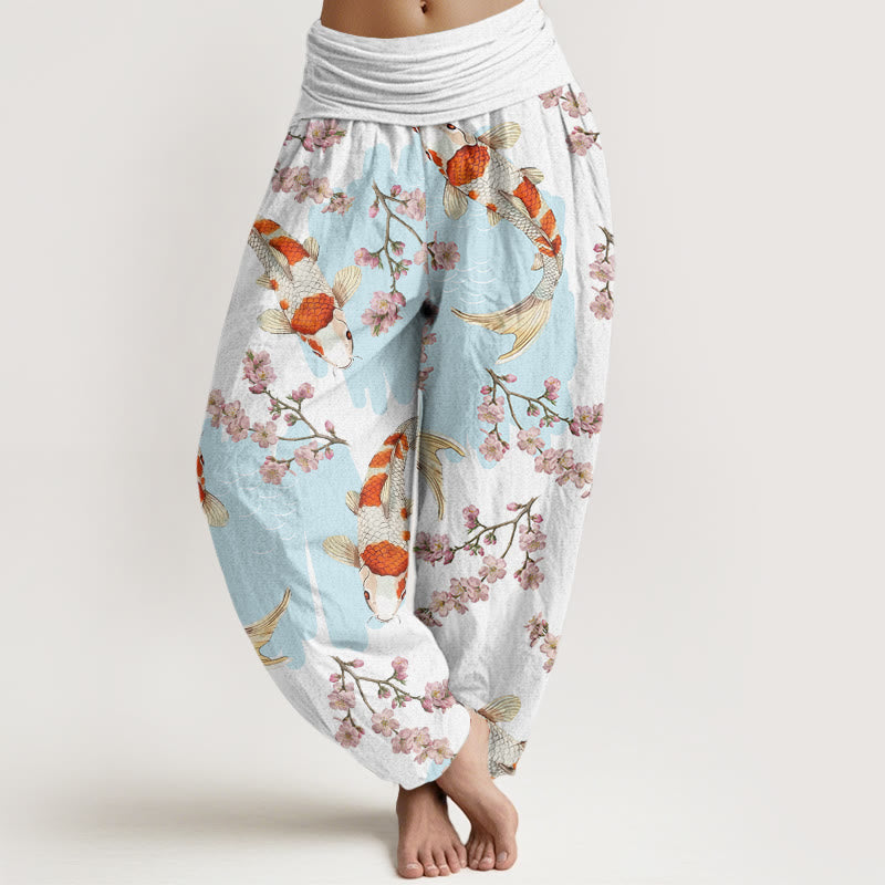 Buddha Stones Katoenen casual harembroek met koivissen- en kersenbloesempatroon voor dames, elastische Taille - Wit - US22, UK/AU26, EU54 (6XL) - image 0