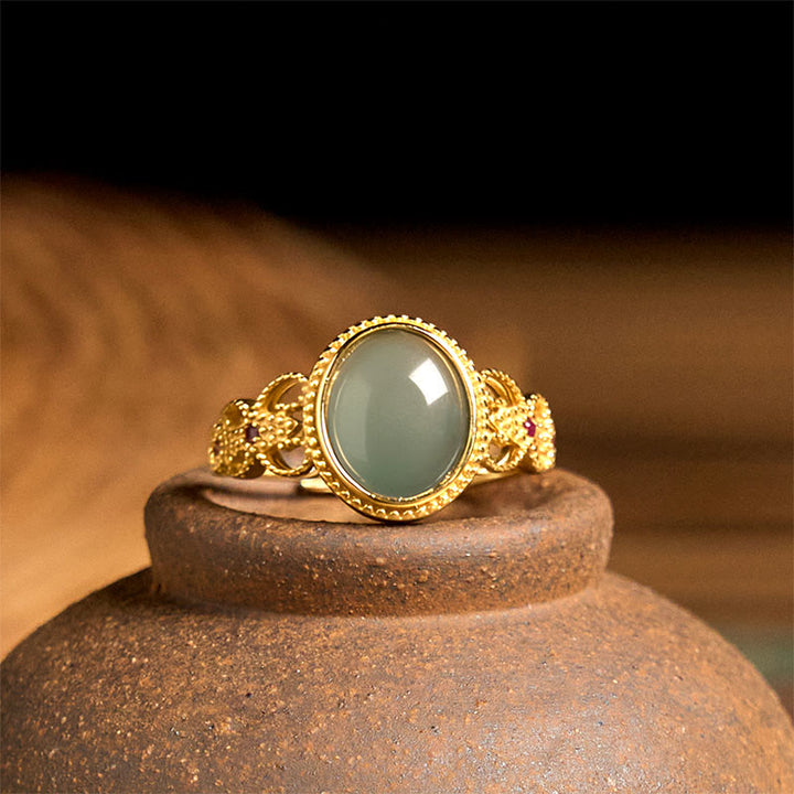 Buddha Stones Natuurlijke 925 sterling zilveren vergulde, holle jade Ring - image 9