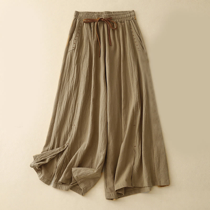 Buddha Stones Casual damesbroek met zijsplitten, gemaakt van katoen en linnen, wijde pijpen, Lengte 7-8, met Zakken. - Donkergoudenroede - US8-10，UK/AU12-14，EU40-42 (2XL) - image 0