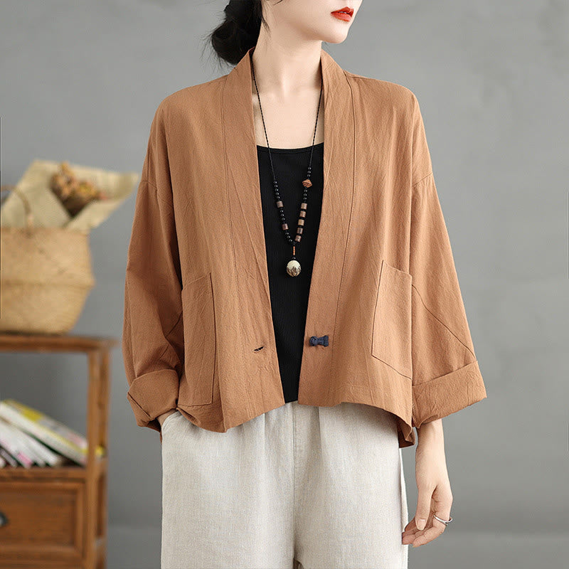 Buddha Stones Casual Vintage Effen Lange mouw Open Voorkant Cropped Jasje met Zakken - Peru - US12, UK/AU16, EU44 (2XL) - image 0