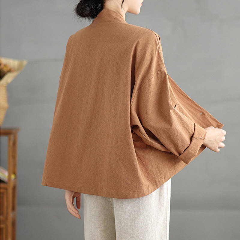 Buddha Stones Casual Vintage Effen Lange mouw Open Voorkant Cropped Jasje met Zakken - image 1