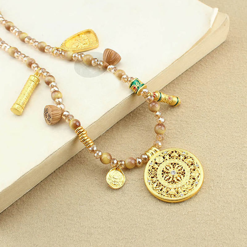 Buddha Stones Ronde Tibetaanse lotus hanger met gouden tijgeroog Ketting - image 1