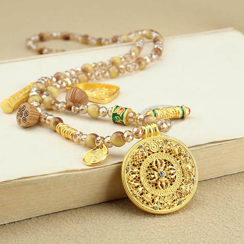 Buddha Stones Ronde Tibetaanse lotus hanger met gouden tijgeroog Ketting - Acht Schatten Ronde Bord - image 0