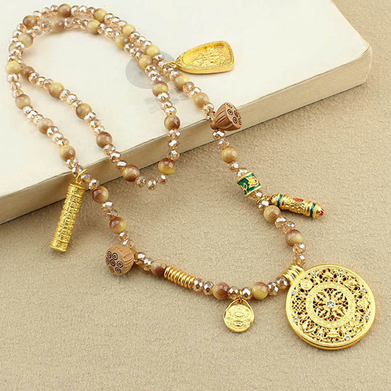 Buddha Stones Ronde Tibetaanse lotus hanger met gouden tijgeroog Ketting - image 2