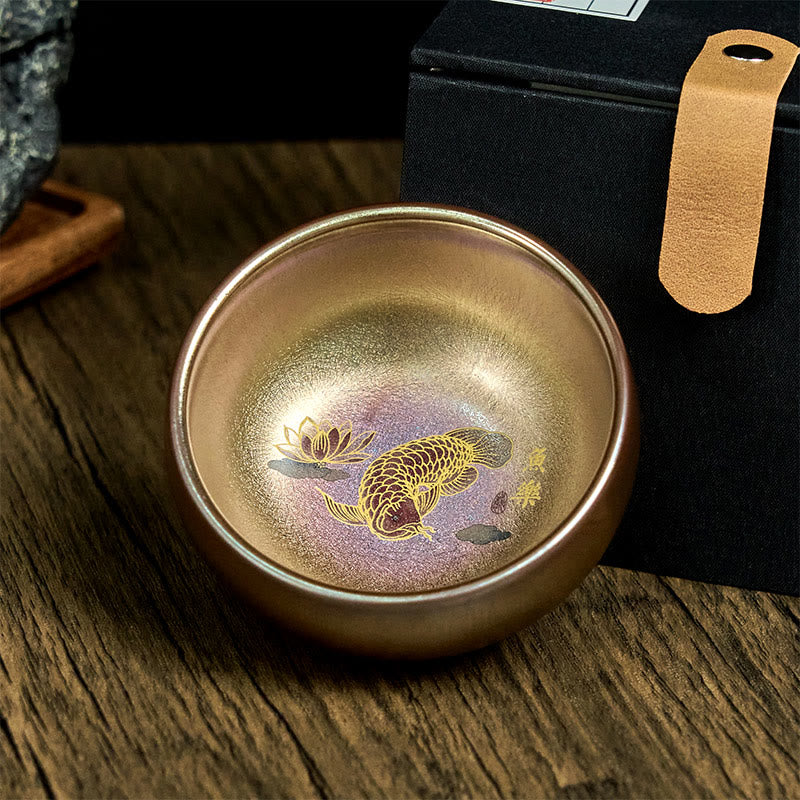 Buddha Stones Handgemaakte Chinese Jianzhan theekop van keramiek met koi-vis en lotusbladmotief, Kung Fu Theekopje , 150 ml - image 1