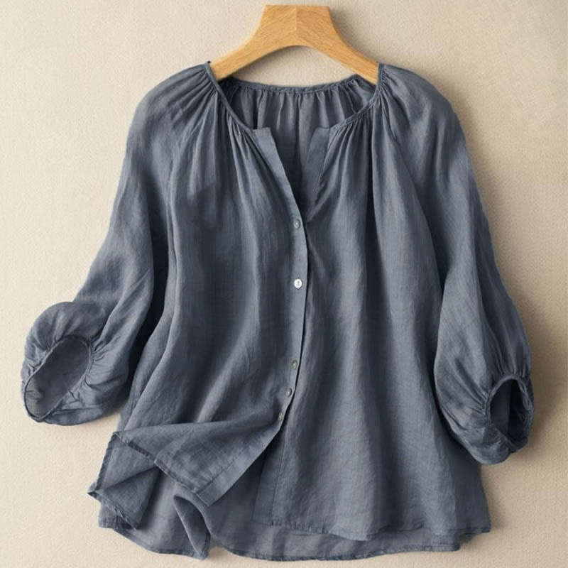 Vintage damesblouse met knoopjes, driekwart Pofmouw en V-hals, geïnspireerd op Buddha Stones. - Staalblauw - US14, UK/AU18, EU46 (4XL) - image 0