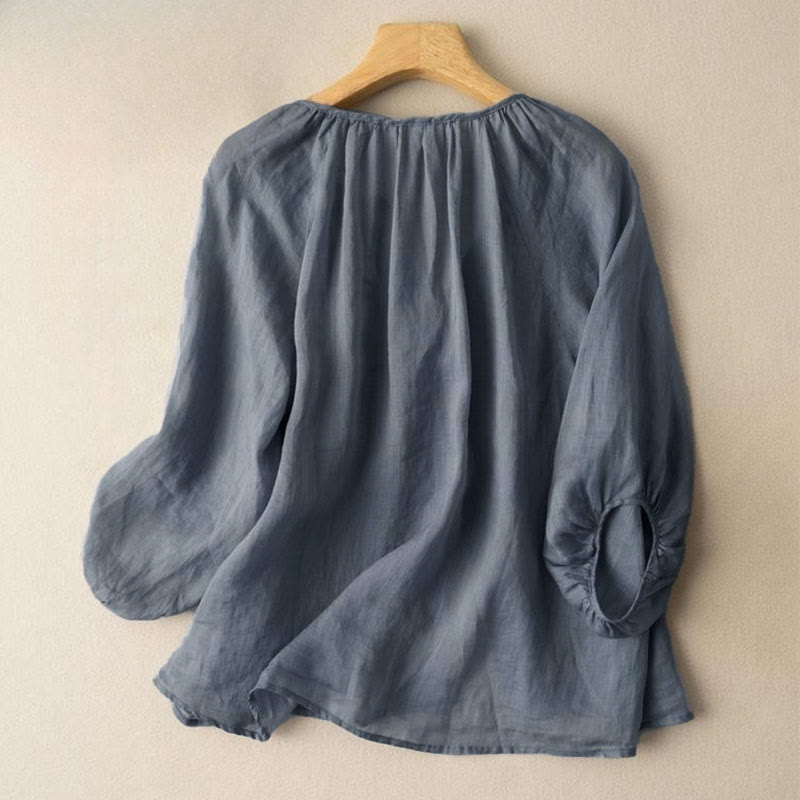 Vintage damesblouse met knoopjes, driekwart Pofmouw en V-hals, geïnspireerd op Buddha Stones. - image 1