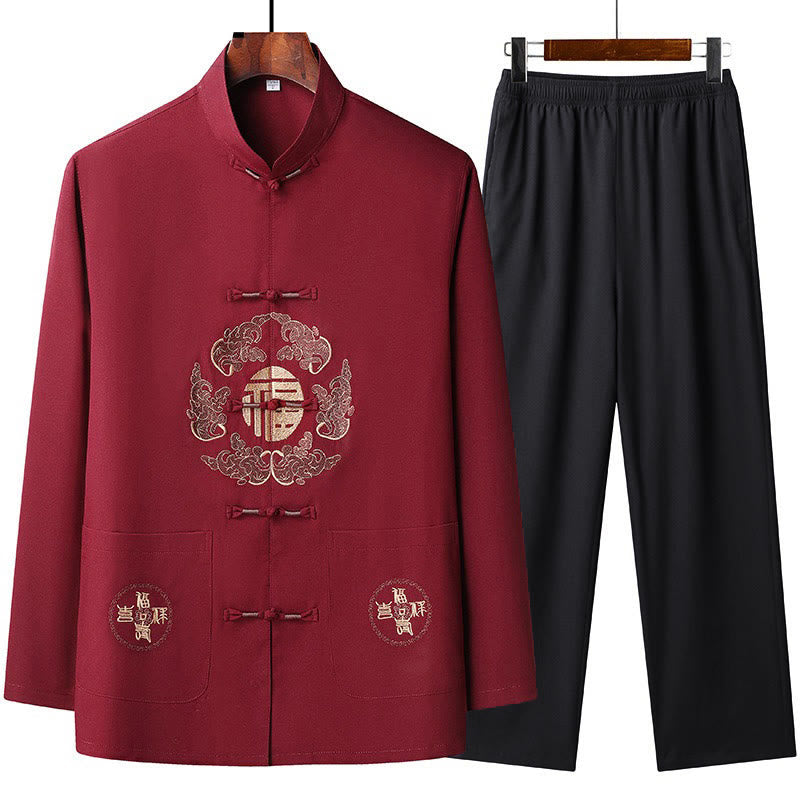 Buddha Stones Geborduurd Fu Tang-pak voor Chinees Nieuwjaar, Hanfu-top met Lange mouw en broek, herenset - Rood - US/UK/AU44, EU54 (4XL) - image 0