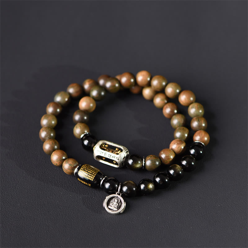 Buddha Stones Tibetaans groen sandelhout, goudglans obsidiaan, balans, vrede, dubbele Armband - image 3