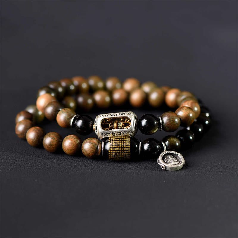 Buddha Stones Tibetaans groen sandelhout, goudglans obsidiaan, balans, vrede, dubbele Armband - image 2